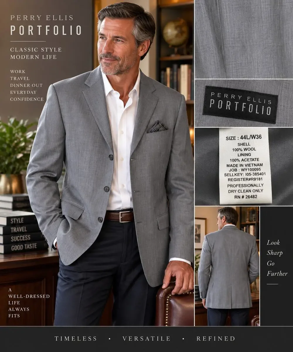 Perry Ellis Portfolio Mens 44L Gray 100% Wool Blazer Sport Coat NWT Wedding